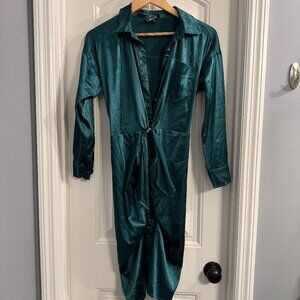 Green satin front tie and button dress